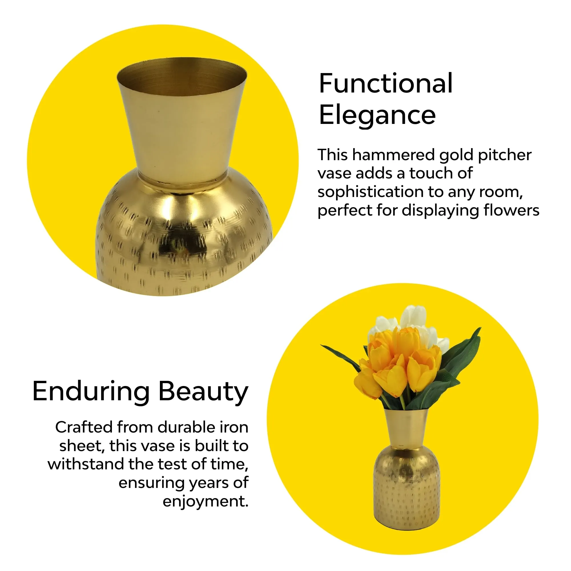 10Club Hammered Gold Metal Vase | Elegant Flower Vase for Home Decor | Unbreakable (H - 6.2 inch, 230 Grams) - 1Pc (without Flower) - Ideal for Gifting