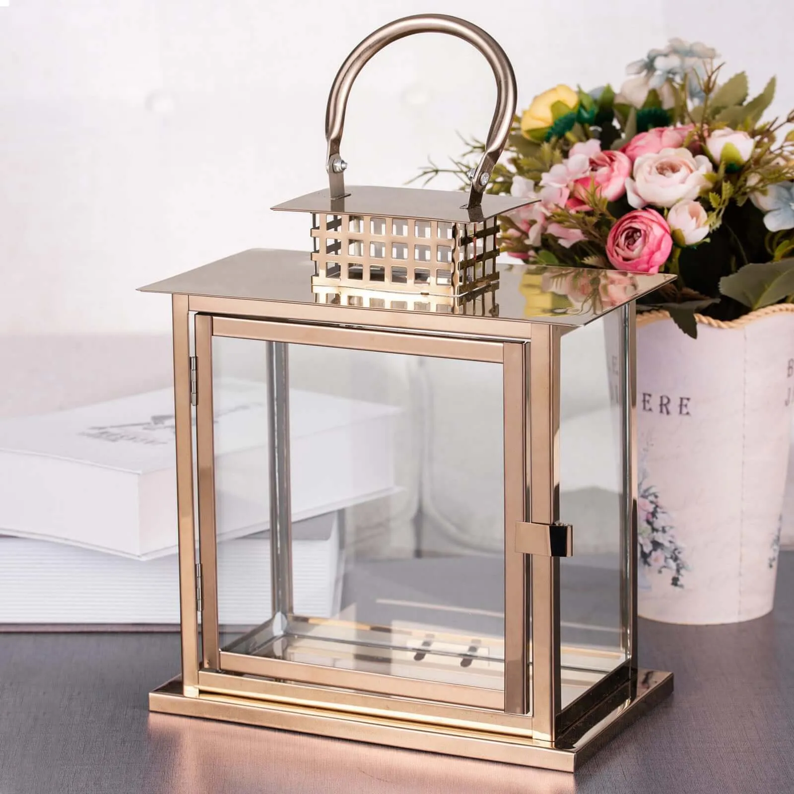 10" Rose Gold Cage Top Stainless Steel Candle Lantern Centerpiece Outdoor Metal Patio Lantern