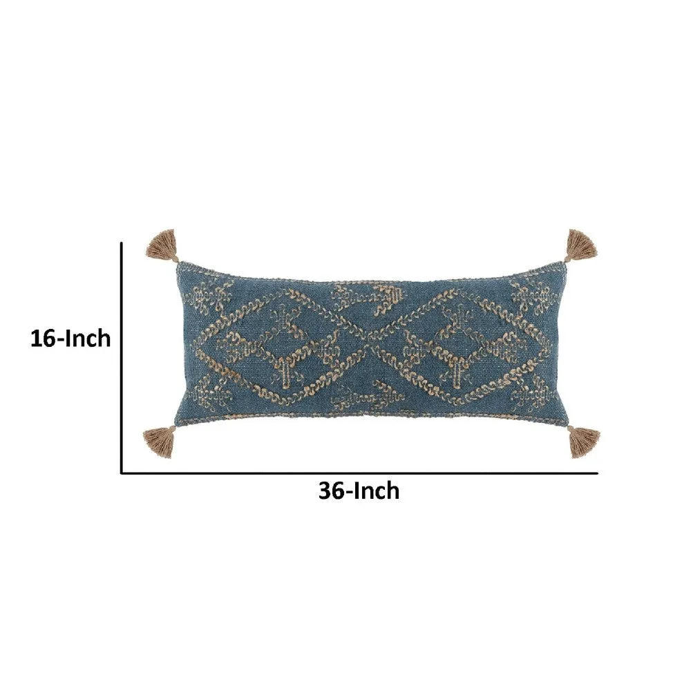 16 x 36 Accent Lumbar Pillow, Down, Blue Wool, Jute Woven Details, Tassels By Casagear Home