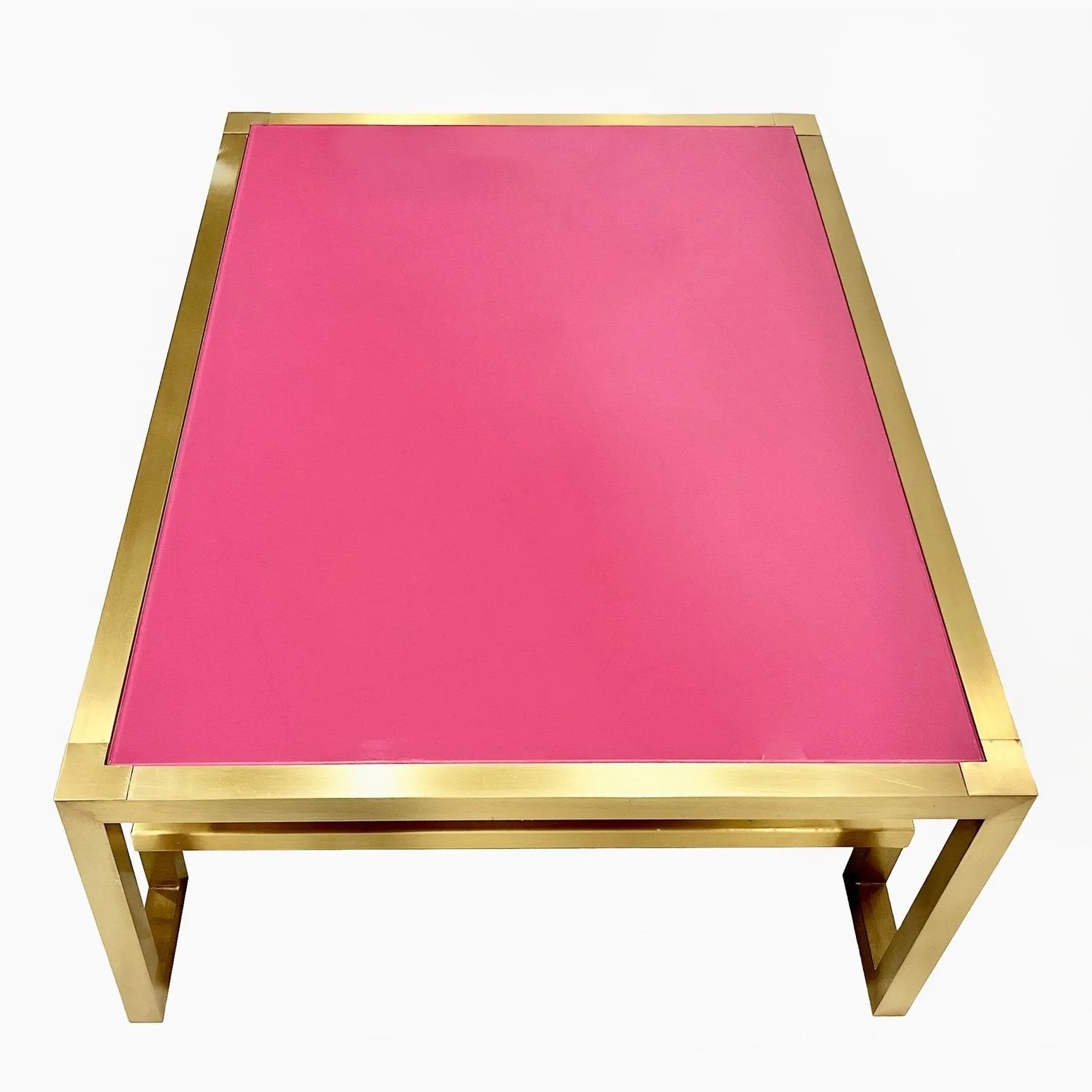 1970s Italian Vintage Rectangular Fuchsia Brass Coffee Table with Under Shelf