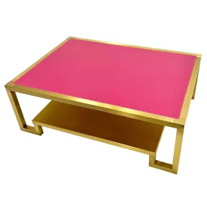 1970s Italian Vintage Rectangular Fuchsia Brass Coffee Table with Under Shelf