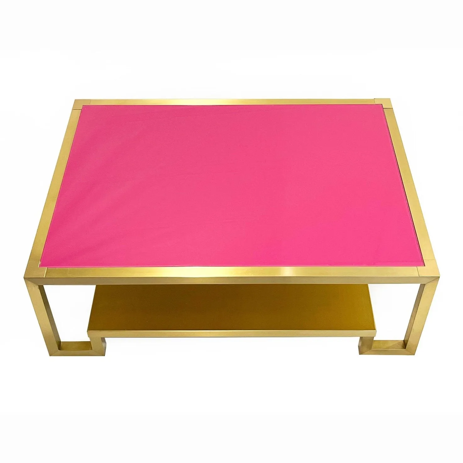 1970s Italian Vintage Rectangular Fuchsia Brass Coffee Table with Under Shelf