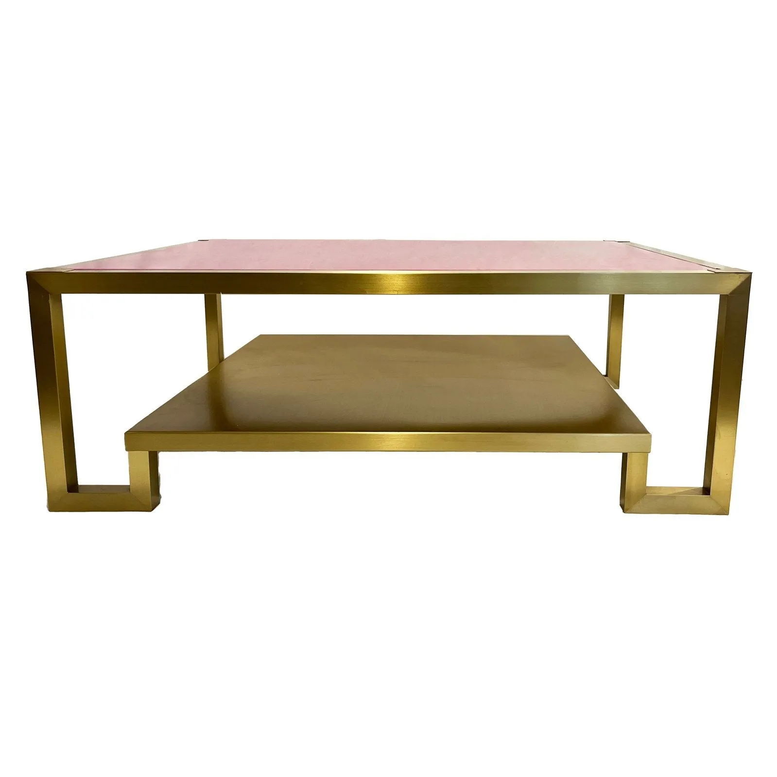 1970s Italian Vintage Rectangular Fuchsia Brass Coffee Table with Under Shelf