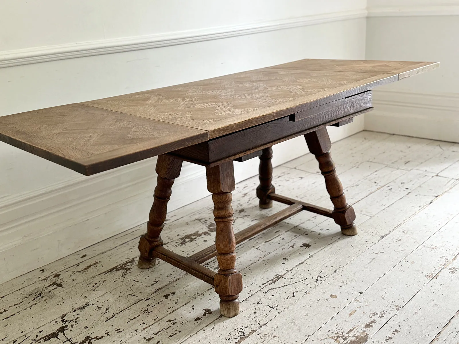 A 19th C Swiss Parquetry Drawer Leaf Dining Table