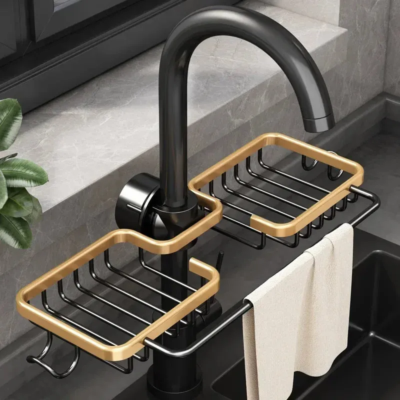 Aluminum Sink Drain Rack Sponge Storage Faucet Holder Soap Drainer Shelf Basket Organizer Kitchen Sundries Punch-Free Hooks Rack