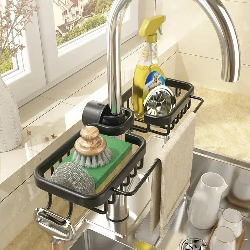 Aluminum Sink Drain Rack Sponge Storage Faucet Holder Soap Drainer Shelf Basket Organizer Kitchen Sundries Punch-Free Hooks Rack