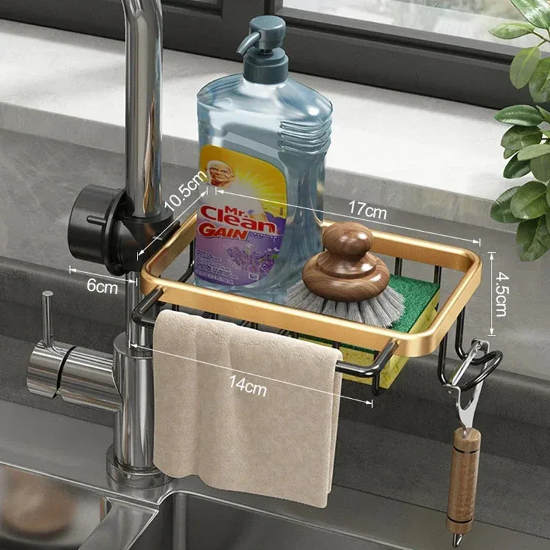 Aluminum Sink Drain Rack Sponge Storage Faucet Holder Soap Drainer Shelf Basket Organizer Kitchen Sundries Punch-Free Hooks Rack