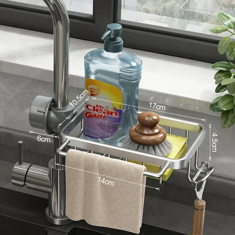 Aluminum Sink Drain Rack Sponge Storage Faucet Holder Soap Drainer Shelf Basket Organizer Kitchen Sundries Punch-Free Hooks Rack