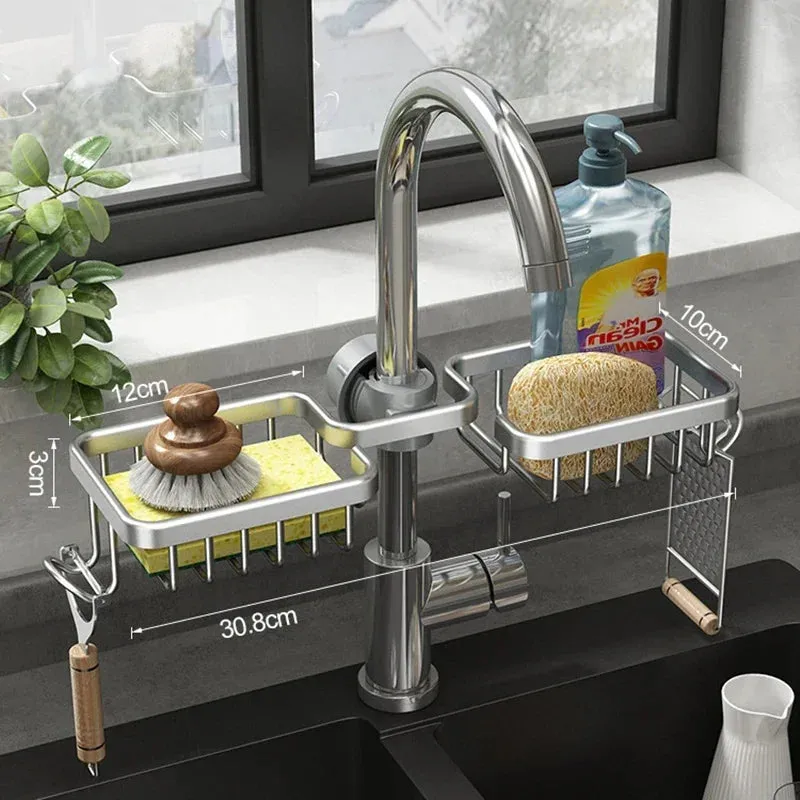 Aluminum Sink Drain Rack Sponge Storage Faucet Holder Soap Drainer Shelf Basket Organizer Kitchen Sundries Punch-Free Hooks Rack