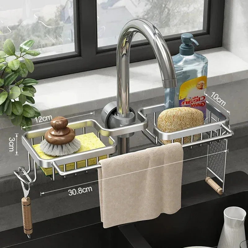 Aluminum Sink Drain Rack Sponge Storage Faucet Holder Soap Drainer Shelf Basket Organizer Kitchen Sundries Punch-Free Hooks Rack