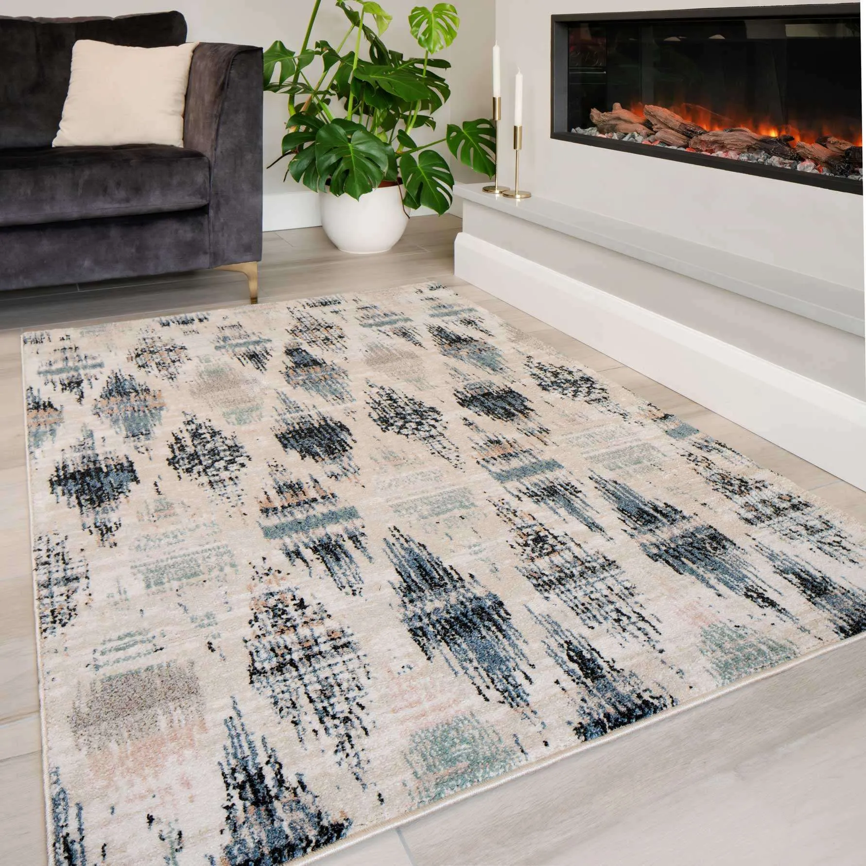 Blue Mottled Trellis Living Room Rug - Polly