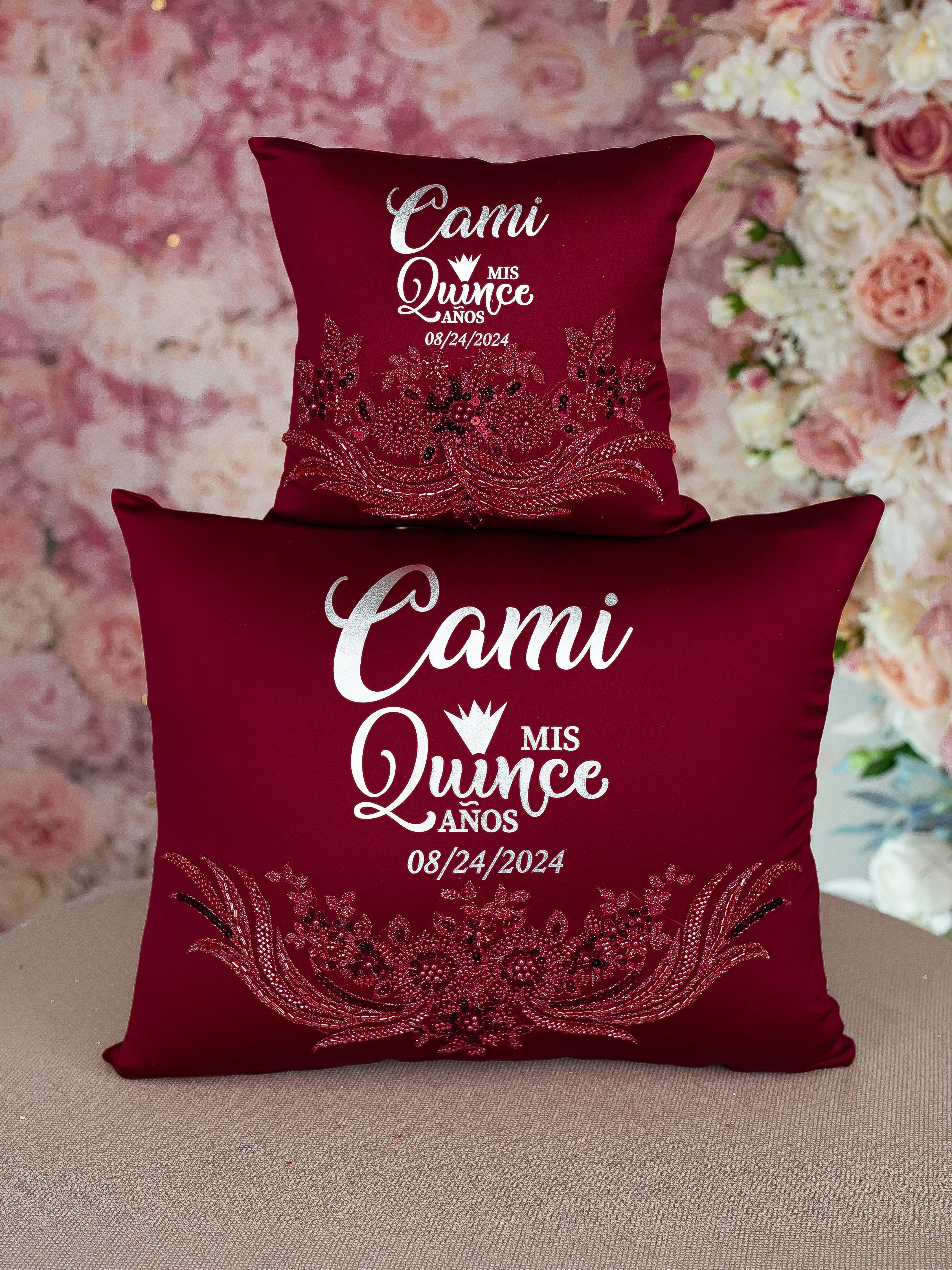 Burgundy Silver Quinceanera pillows set, bible and Kitty