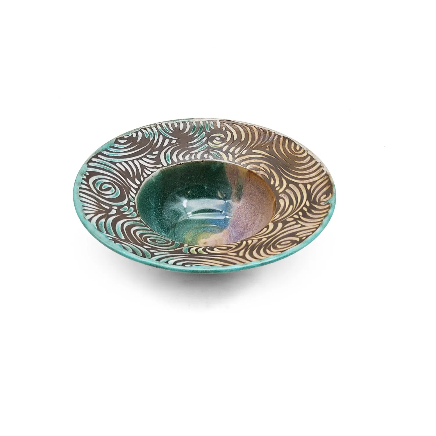 Carved Teal Wide Rim Bowl Set