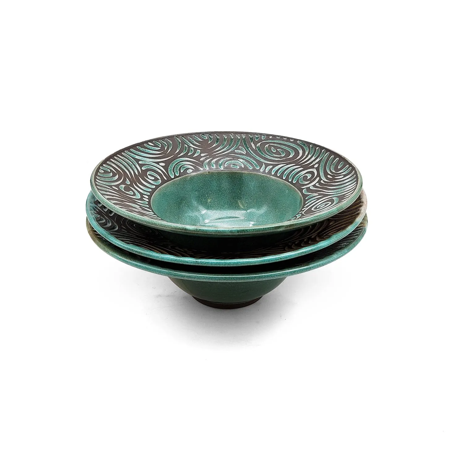 Carved Teal Wide Rim Bowl Set