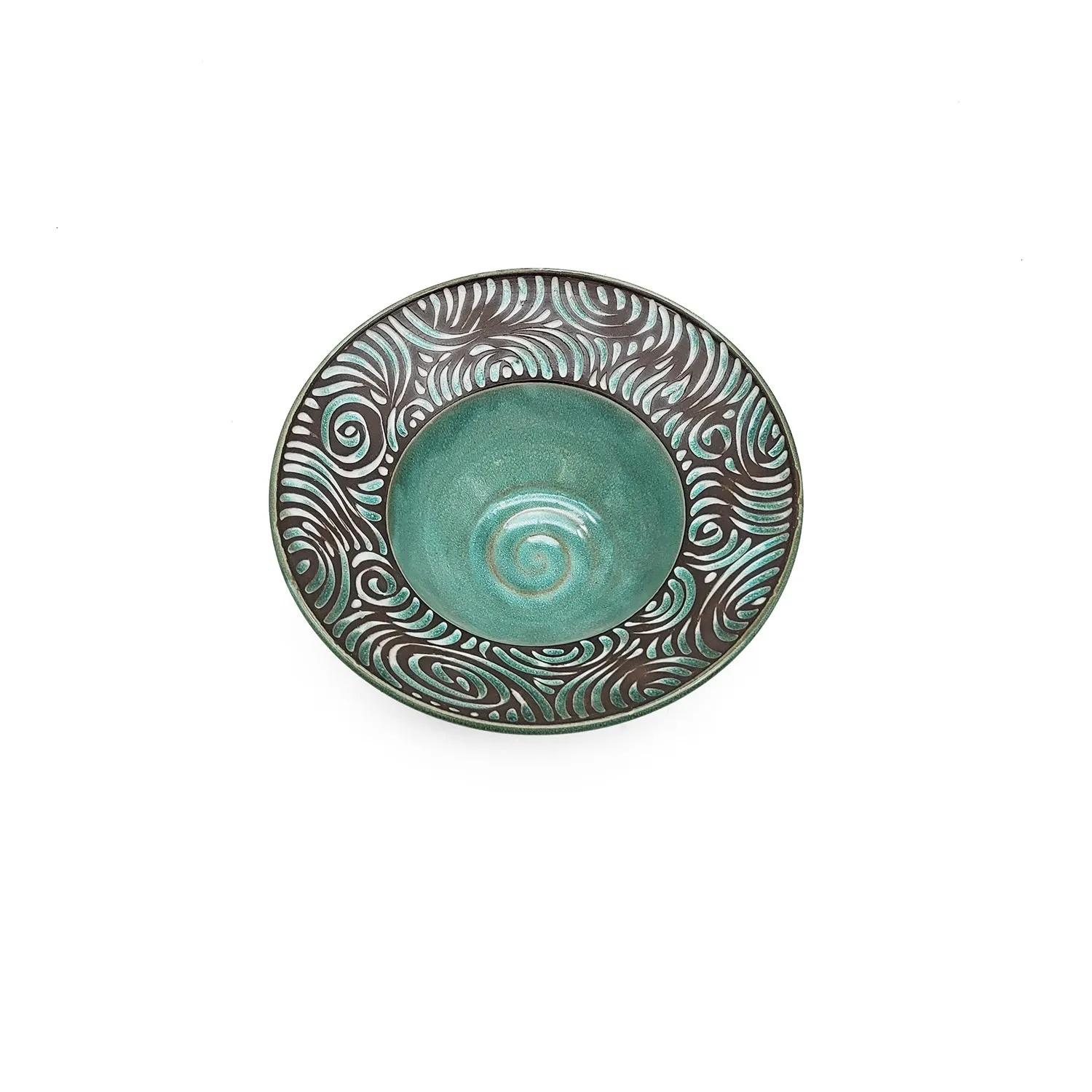 Carved Teal Wide Rim Bowl Set