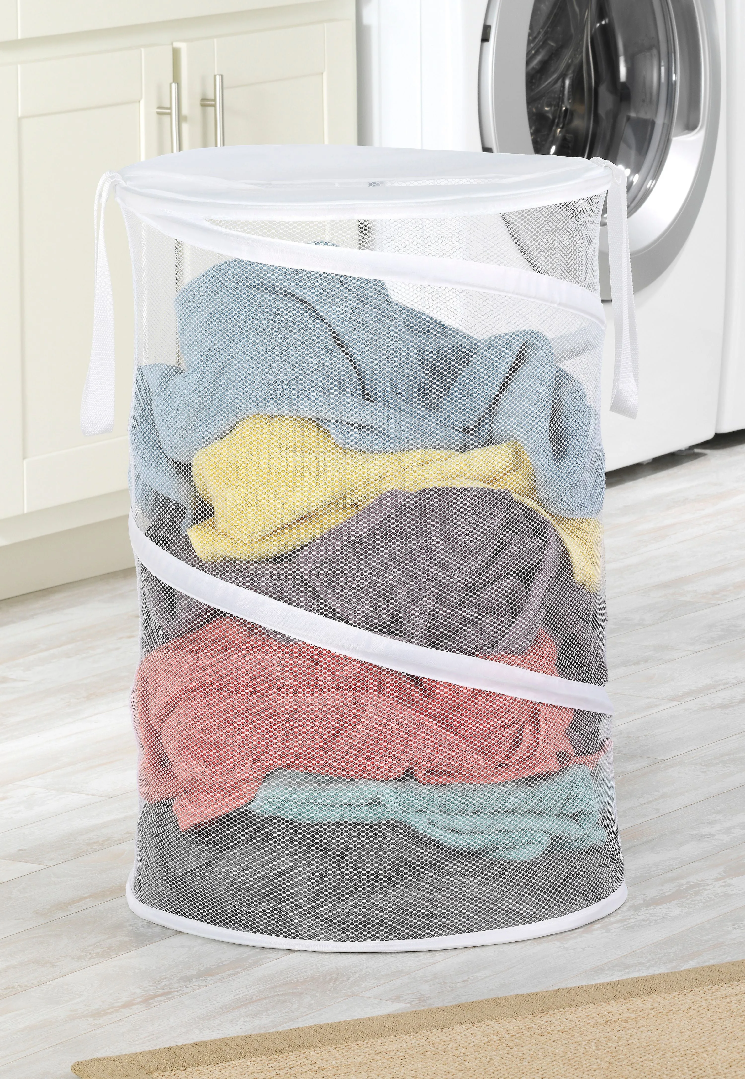 Collapsible Pop Up Mesh Laundry Hamper With Handles – White