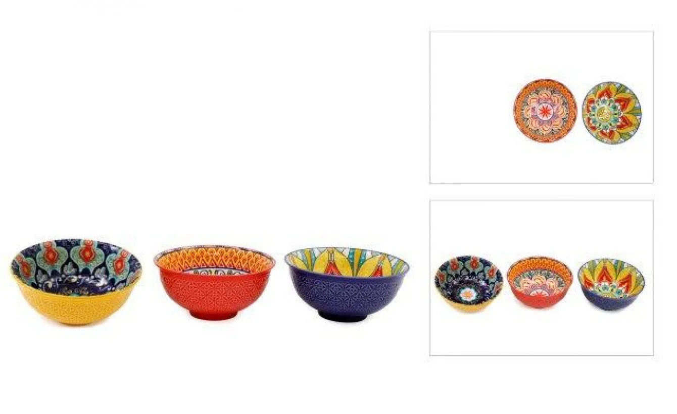 Colourful Patterned Stoneware Bowl Set of 3