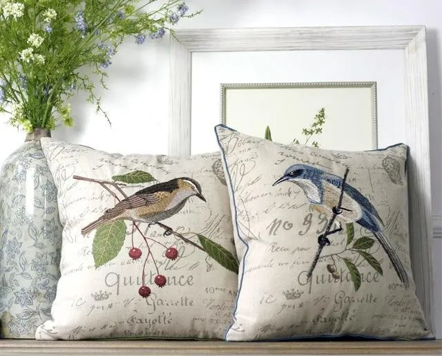 Decorative Throw Pillows for Couch, Bird Embroidery Pillows, Cotton and Linen Pillow Cover, Rustic Sofa Throw Pillows