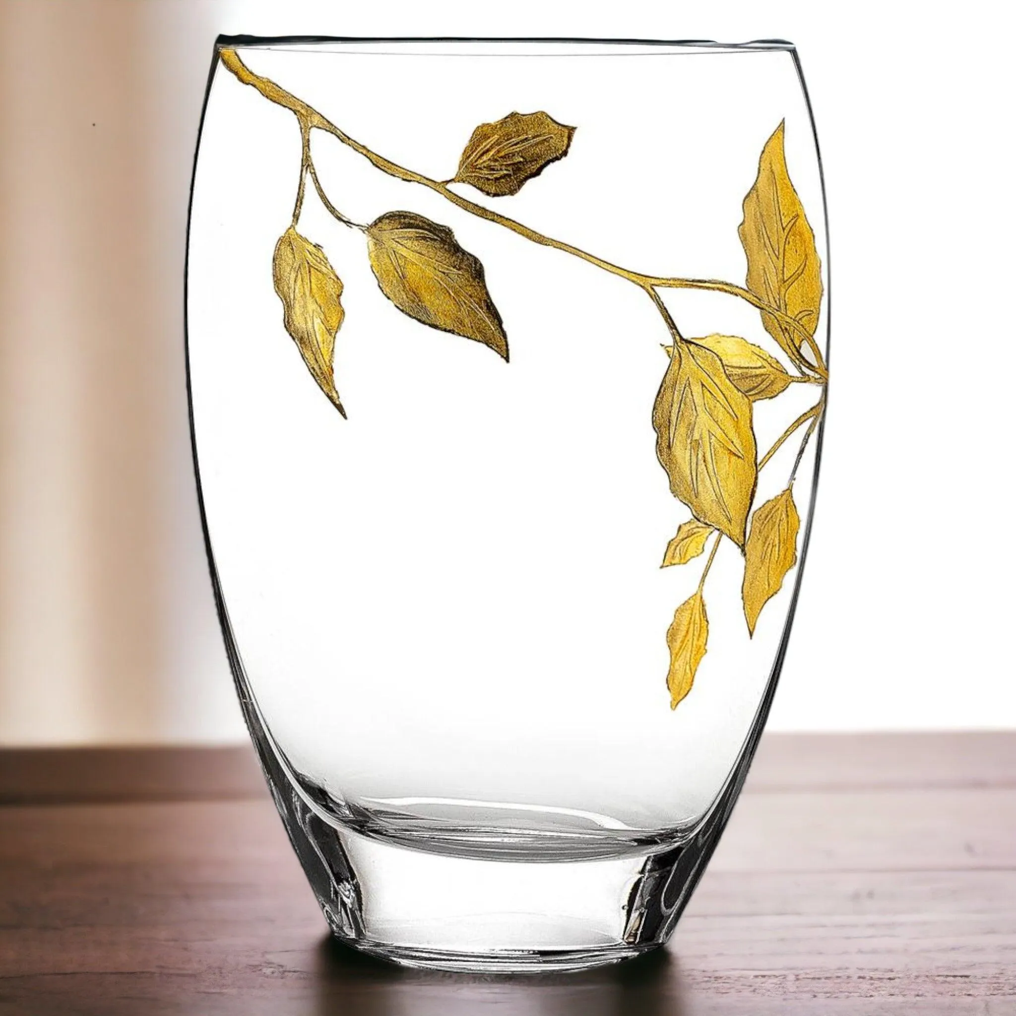 Decorative Vase | 12 inch Crystal Vase with Etched Gold Leaves Design