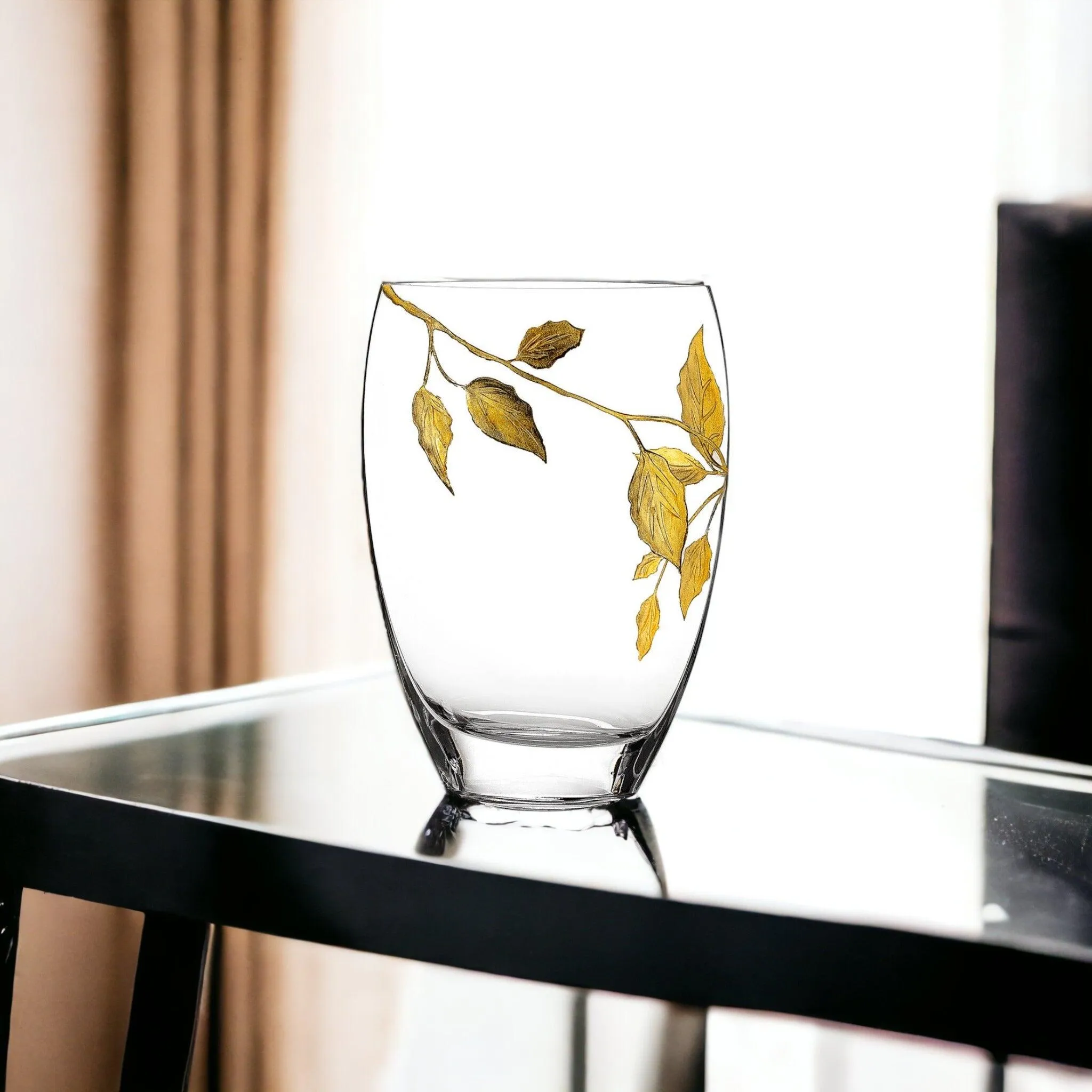 Decorative Vase | 12 inch Crystal Vase with Etched Gold Leaves Design