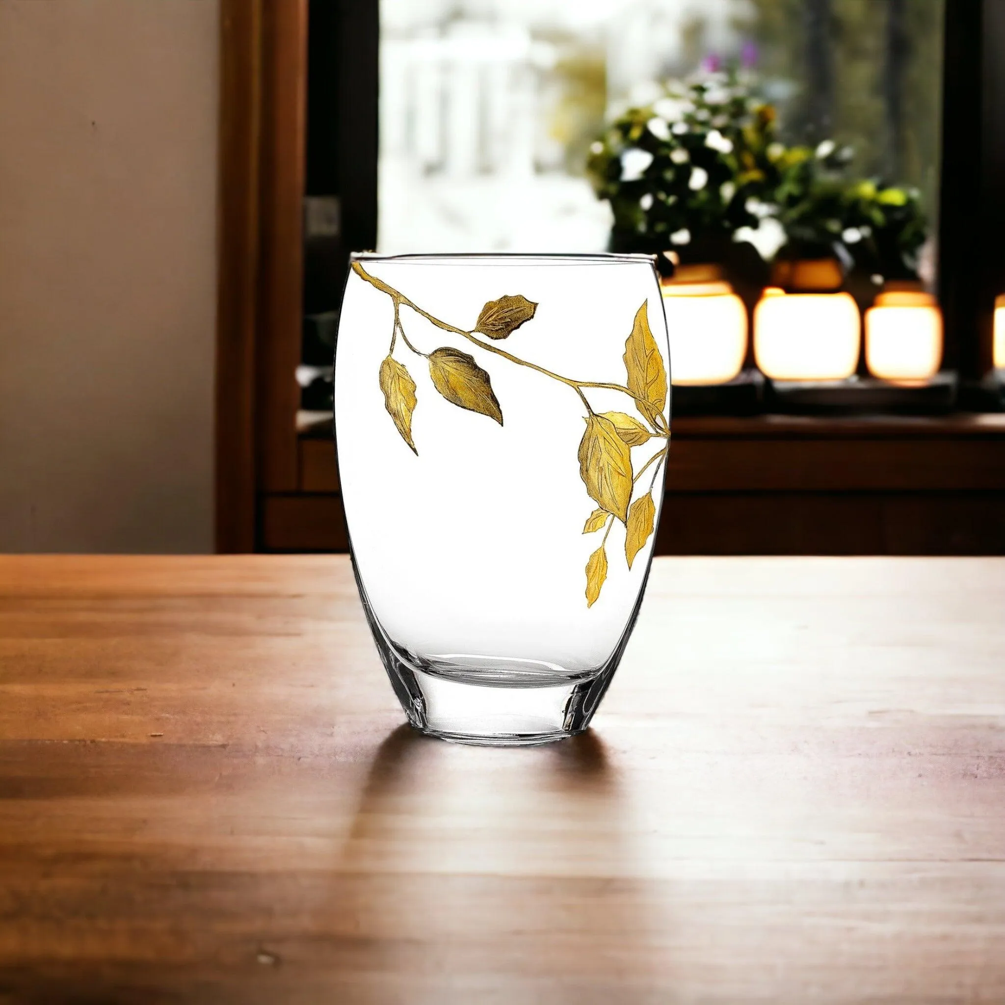 Decorative Vase | 12 inch Crystal Vase with Etched Gold Leaves Design