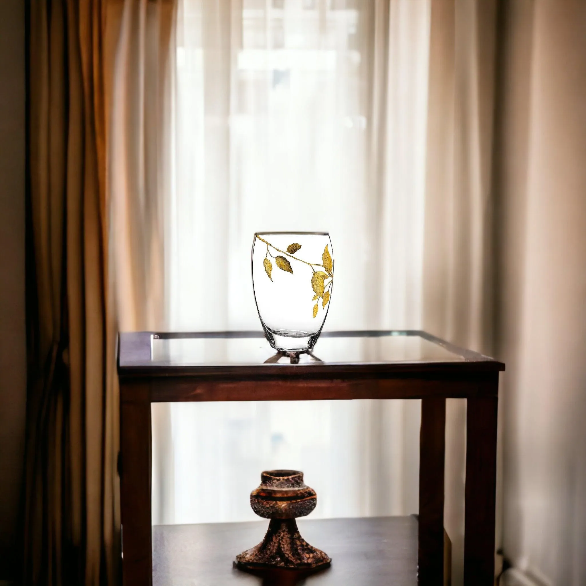 Decorative Vase | 12 inch Crystal Vase with Etched Gold Leaves Design