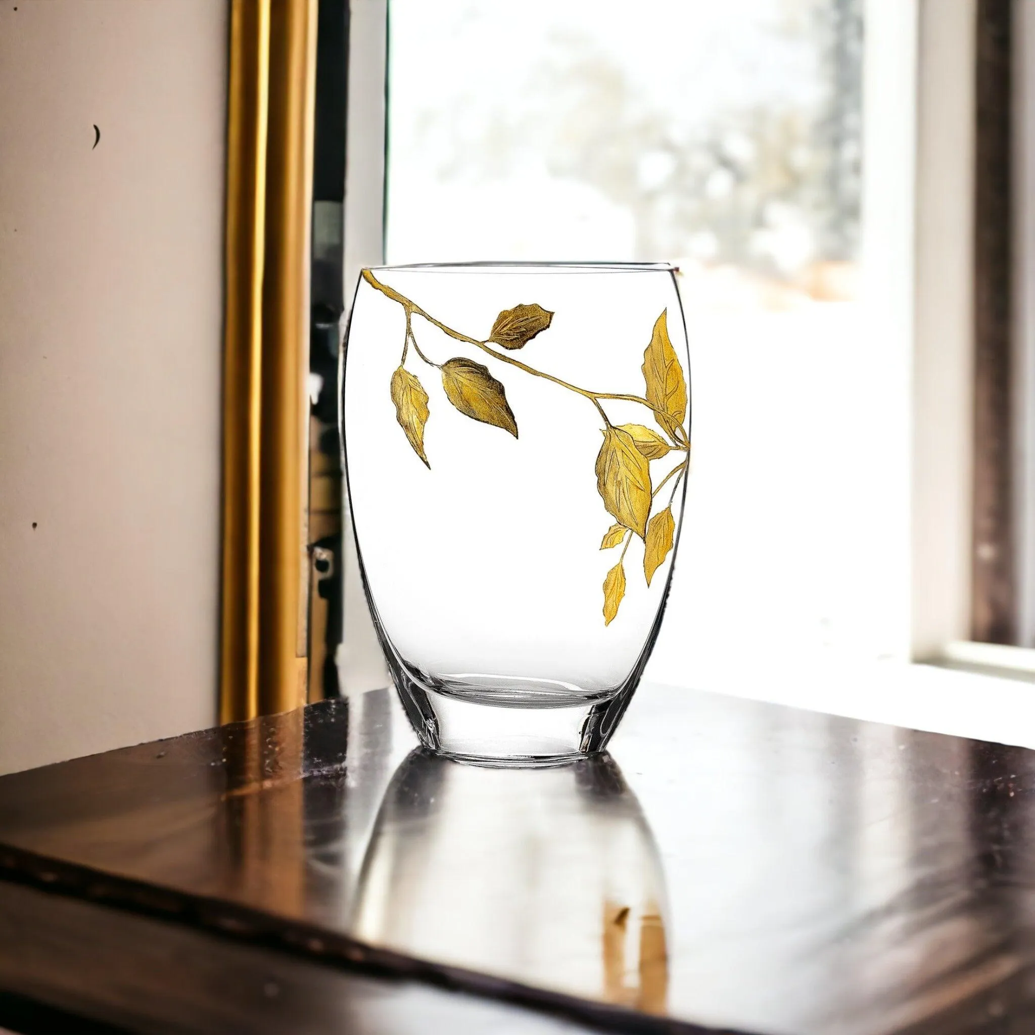 Decorative Vase | 12 inch Crystal Vase with Etched Gold Leaves Design