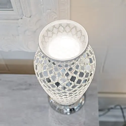 EXCLUSIVE Tile Mirror Glass Crackle Table Light Mosaic Vase Lamp with Chrome Base for Bedroom Kitchen and Lounge, Metal, Silver