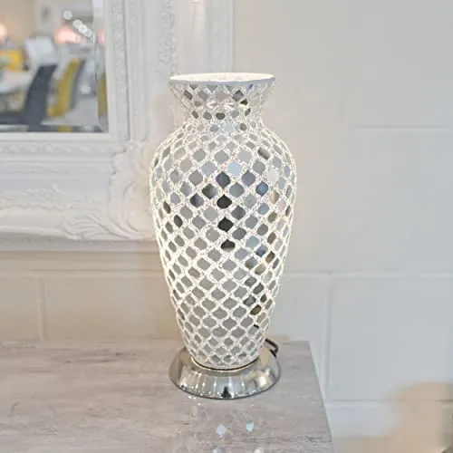 EXCLUSIVE Tile Mirror Glass Crackle Table Light Mosaic Vase Lamp with Chrome Base for Bedroom Kitchen and Lounge, Metal, Silver