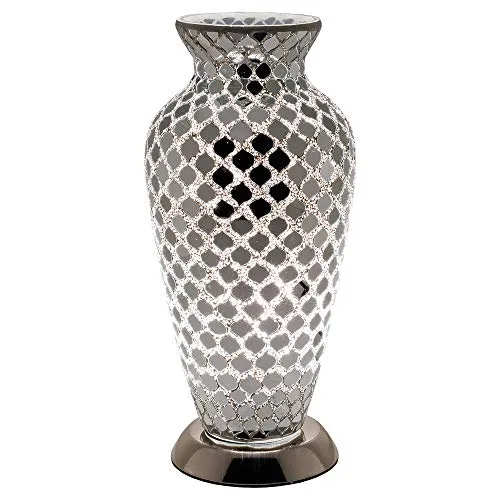 EXCLUSIVE Tile Mirror Glass Crackle Table Light Mosaic Vase Lamp with Chrome Base for Bedroom Kitchen and Lounge, Metal, Silver