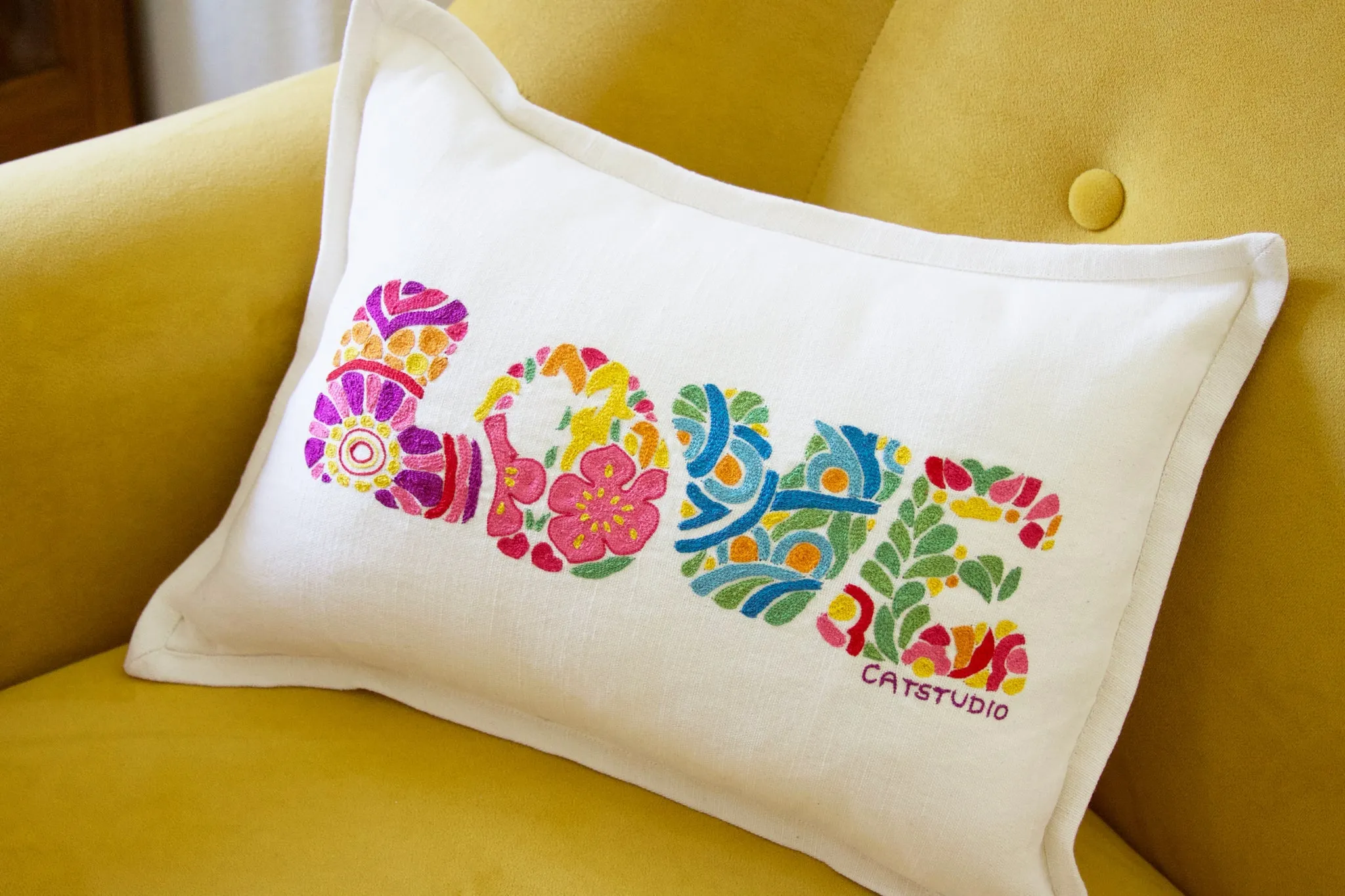 FLOWER POWER LOVE LETTERS PILLOW BY CATSTUDIO