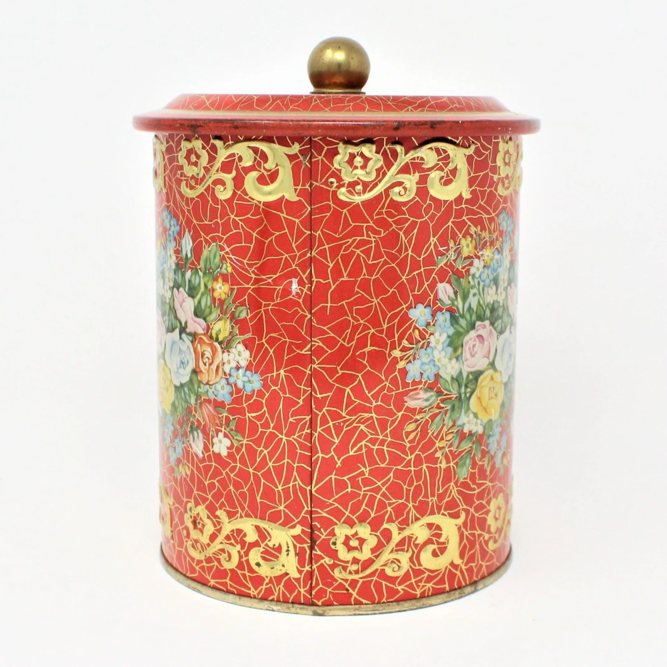 Gift Tin / Cookie Tin, Red with Roses, Cylinder Vintage, West Germany