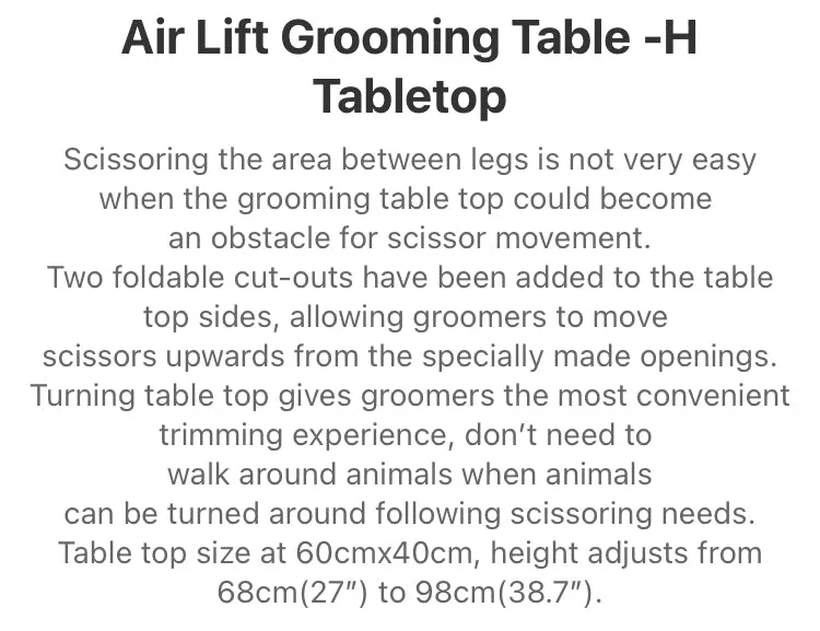 H - Shaped Pro-Range Grooming Table Hydraulic Lift “Easy Reach”  Underbelly & Legs