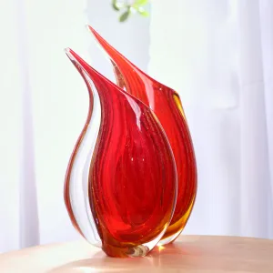 Hand Blown Red Teardrop Sommerso Art Glass Vase 9.5-12.5 inch tall