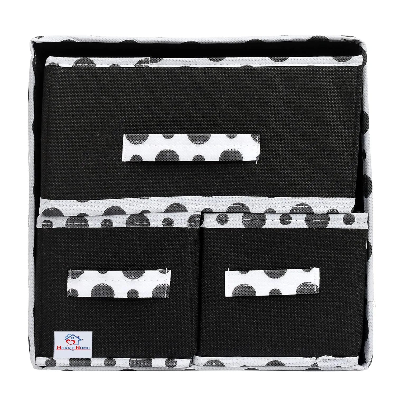 Heart Home Dot Printed 3 Drawers Foldable Non-Woven Dressing/Jewllery/Makeup Organizer Box (Black)-45HH09