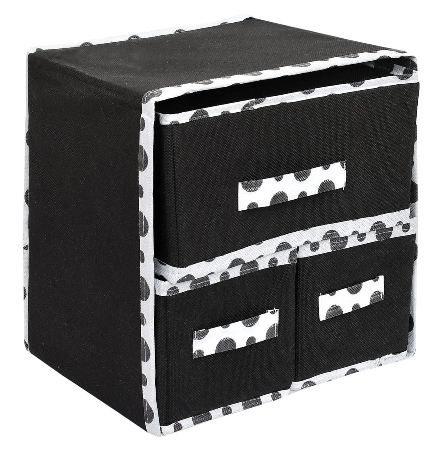 Heart Home Dot Printed 3 Drawers Foldable Non-Woven Dressing/Jewllery/Makeup Organizer Box (Black)-45HH09