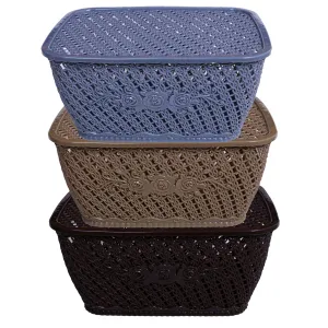 Kuber Industries Plastic 3 Pieces Small Size Multipurpose Solitaire Storage Basket for Kitchen, Office, Bedroom, Bath Room with Lid (Brown & Coffee & Cream) CTKTC34284