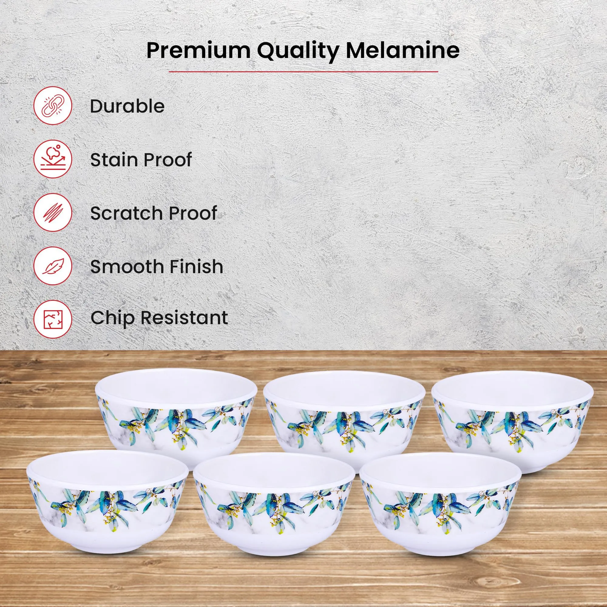 Kuber Industries Shatter Resistant Melamine White Bowls Set of 6 | Lightweight, BPA Free Aesthetic Bowl Set | Blue Flowers Print - White