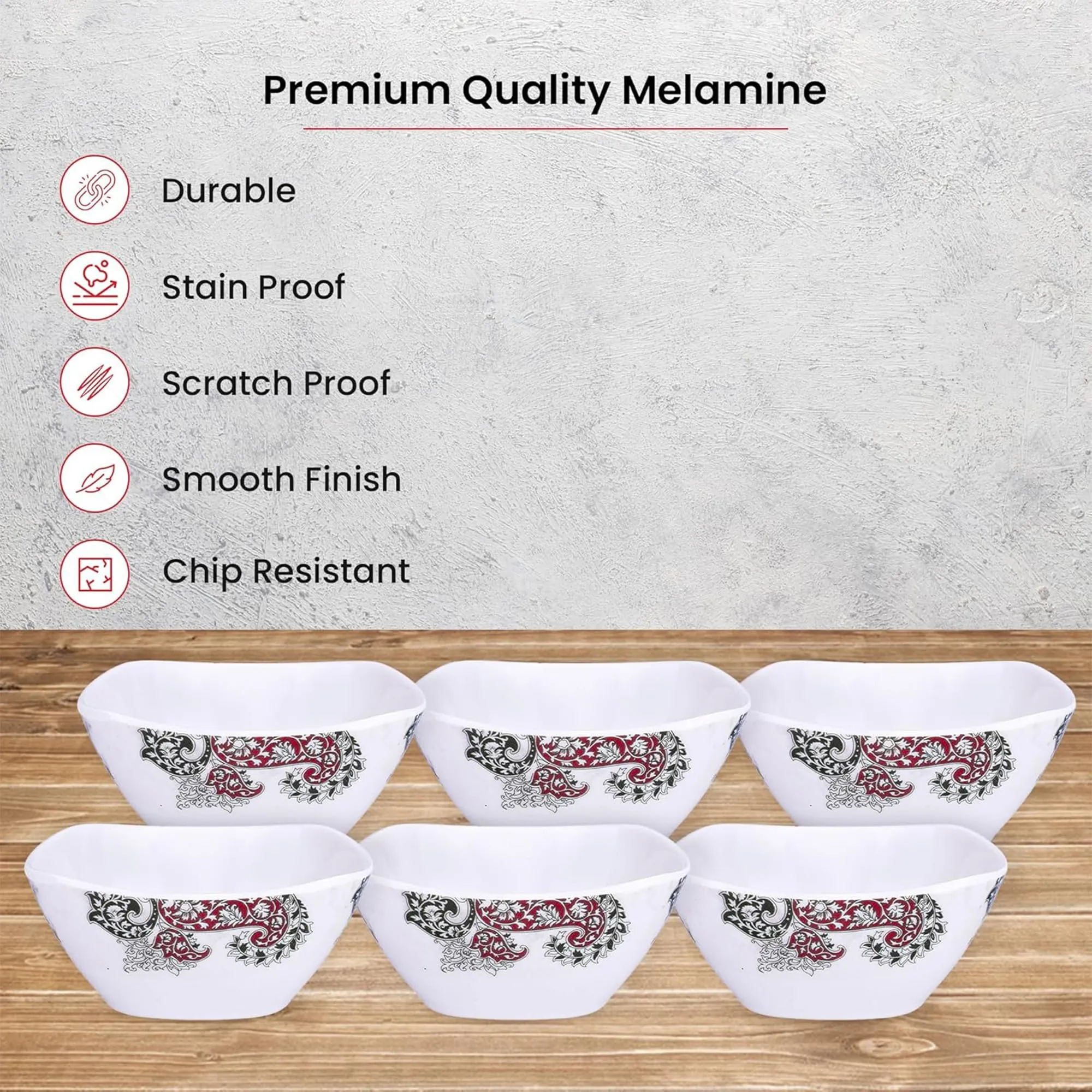 Kuber Industries Shatter Resistant Melamine White Bowls Set of 6 | Lightweight, BPA Free Aesthetic Bowl Set | Keri Floral Print - White