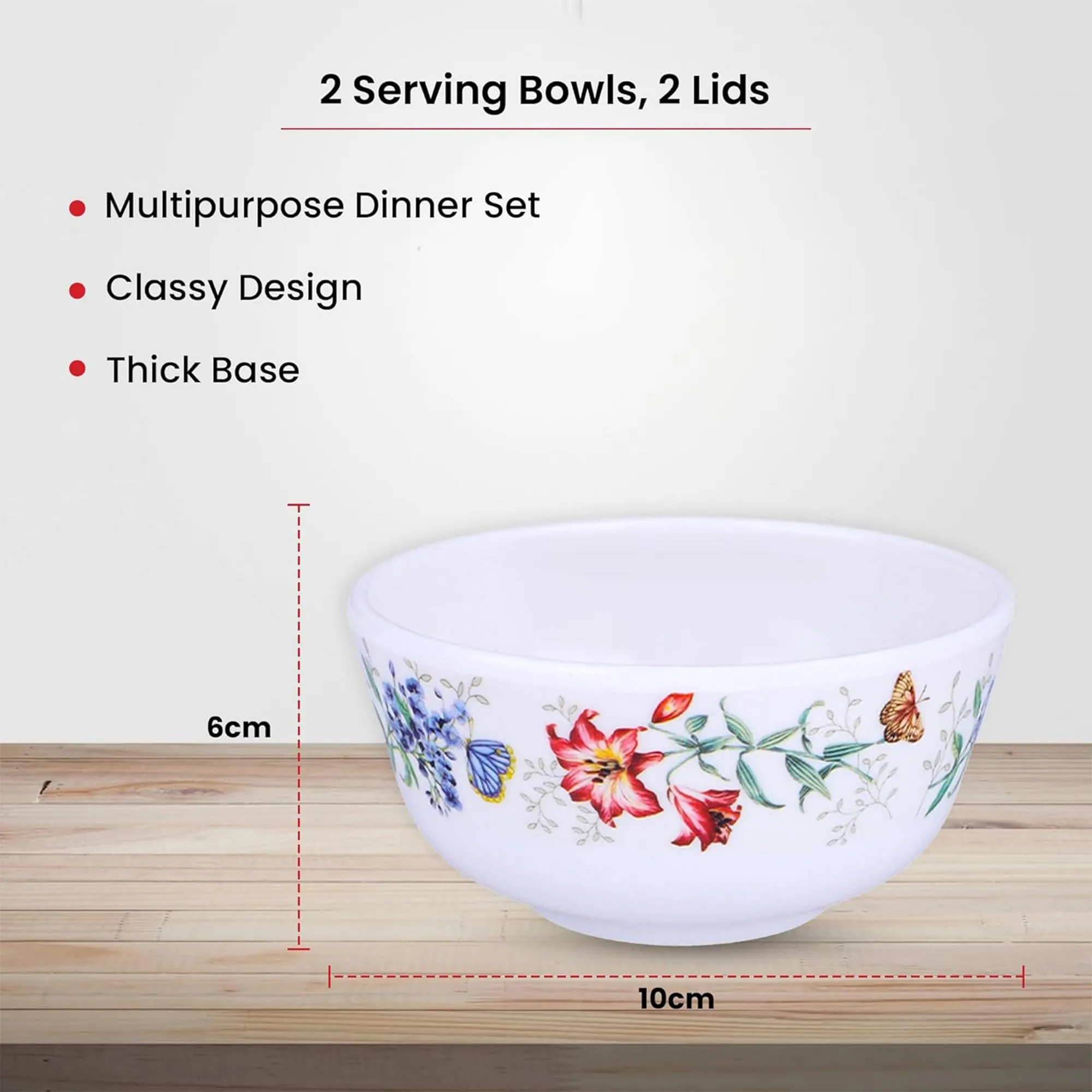 Kuber Industries Shatter Resistant Melamine White Bowls Set of 6 | Lightweight, BPA Free Aesthetic Bowl Set | Red&Blue Floral Print - White