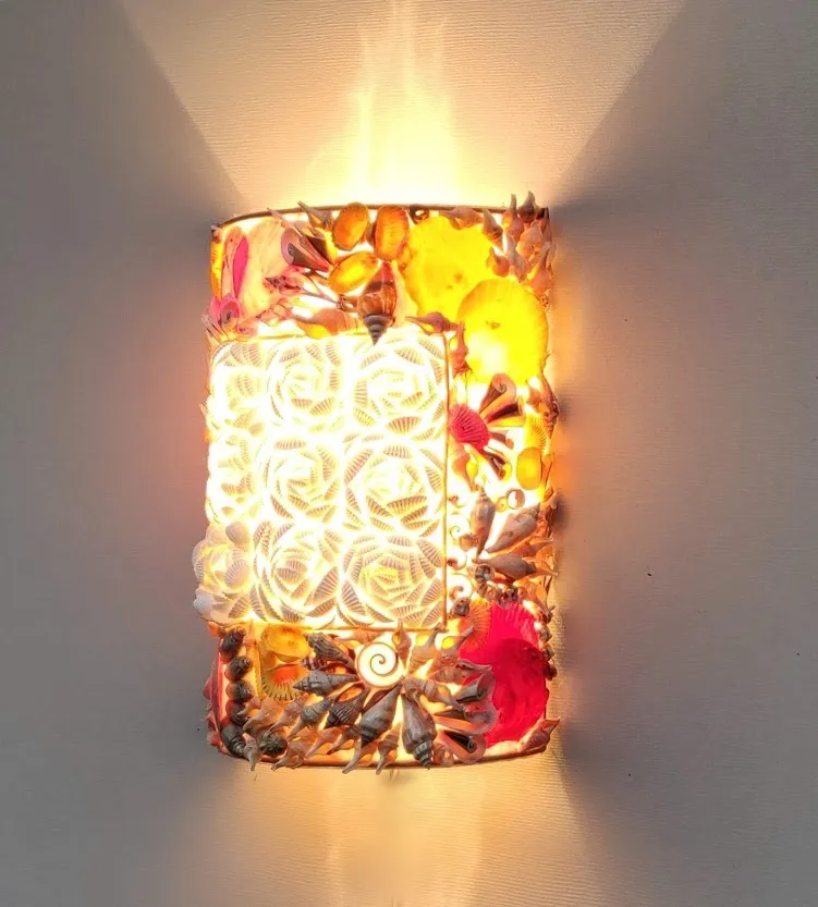 Lighting fixture. Beautiful Handmade Floral Design, Natural Seashells, Table / Wall lamp.