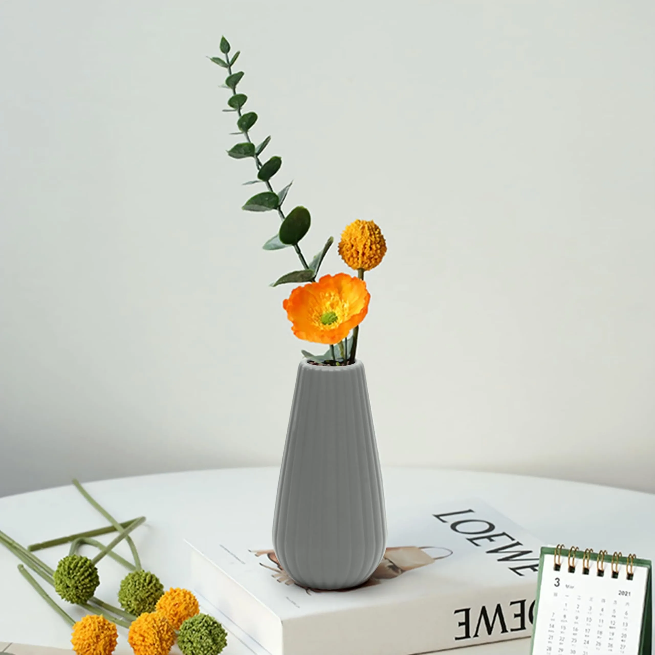 Livzing 7.5 inch Plastic Flower Vase for Home Decor Cone Shaped Modern Vase Center Table Decorative Flower Pot for Living Room Bedroom Office (Pack of 2, Grey)