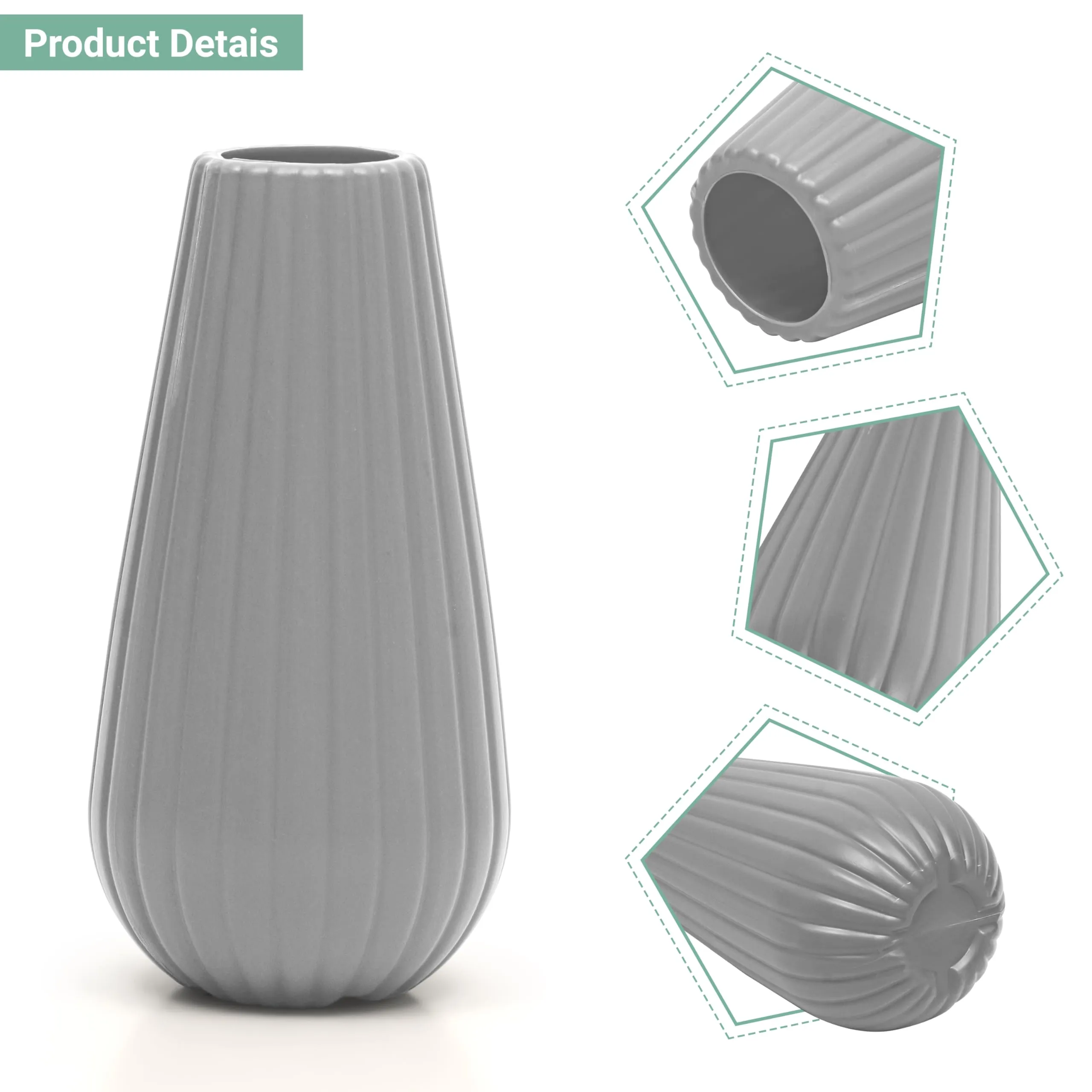 Livzing 7.5 inch Plastic Flower Vase for Home Decor Cone Shaped Modern Vase Center Table Decorative Flower Pot for Living Room Bedroom Office (Pack of 2, Grey)