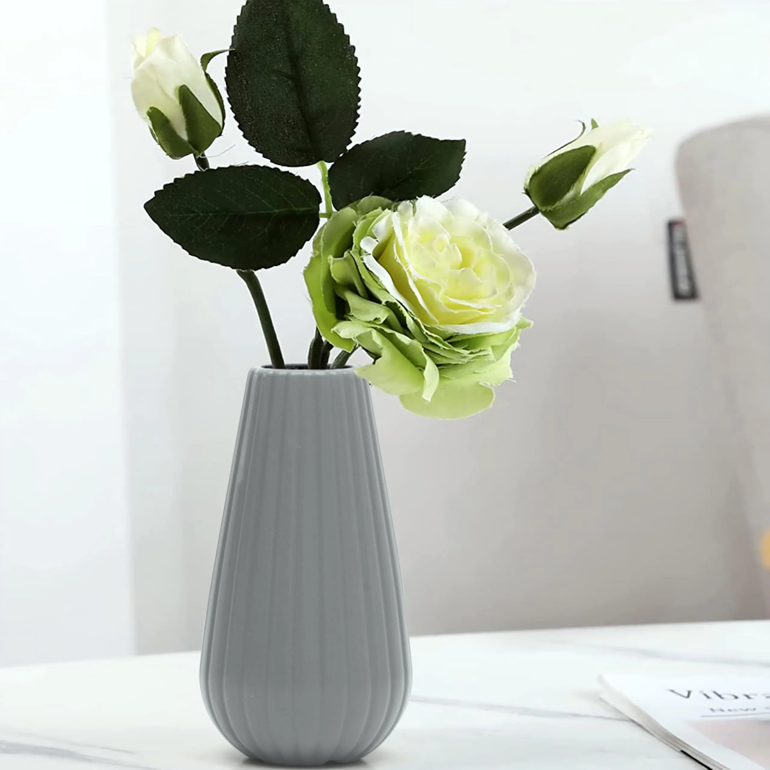 Livzing 7.5 inch Plastic Flower Vase for Home Decor Cone Shaped Modern Vase Center Table Decorative Flower Pot for Living Room Bedroom Office (Pack of 2, Grey)