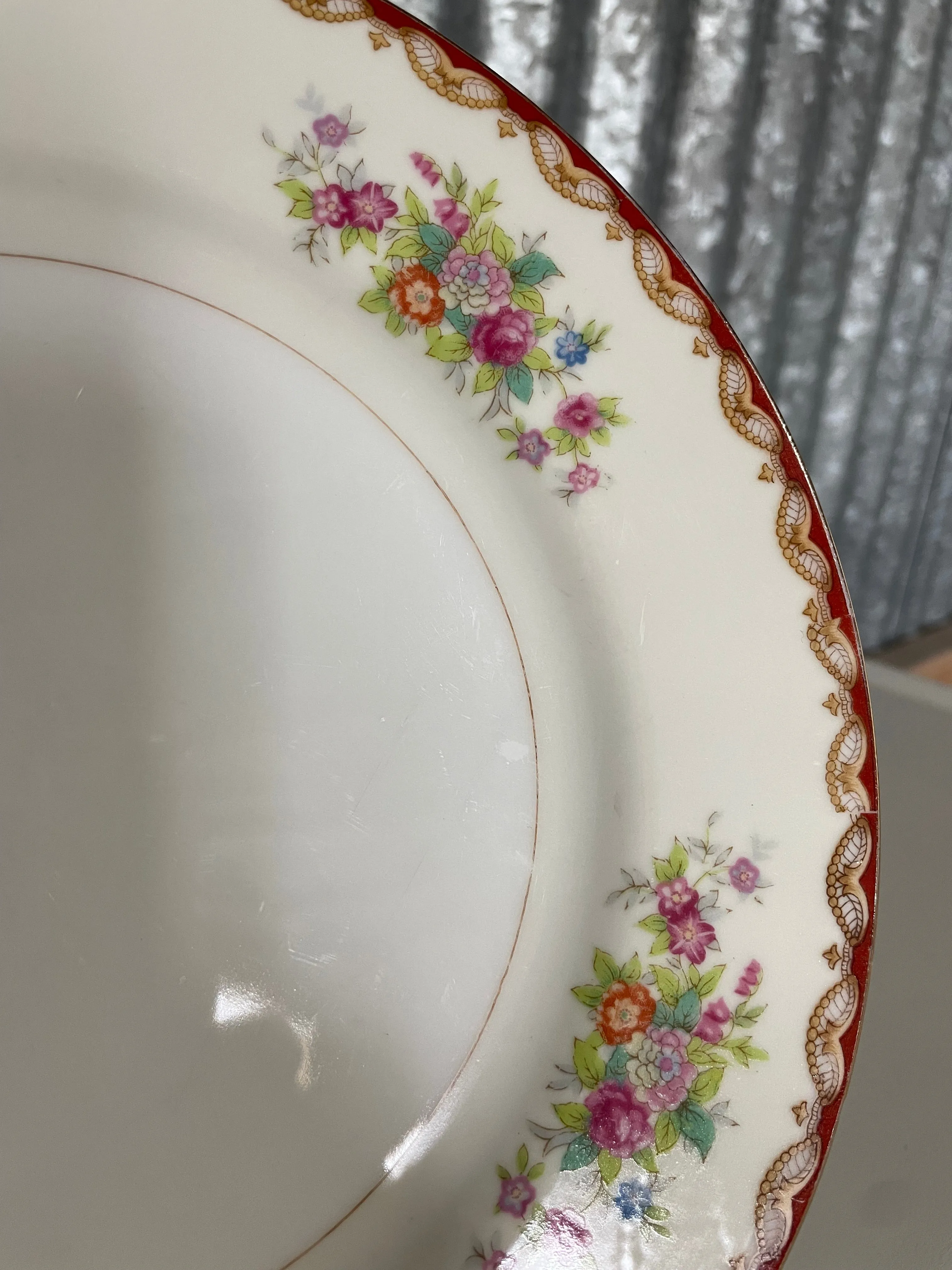 <€€ Vintage 1940s Diamond China ROSLYN Floral Pattern Set/8 5.5” Fruit Bowls Japan Gold Rim