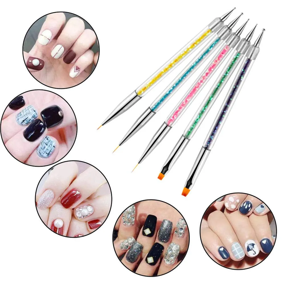 Nail Art Brush Set - 5 Dual-End Tools with Dotting Pens for Creative Nail Designs