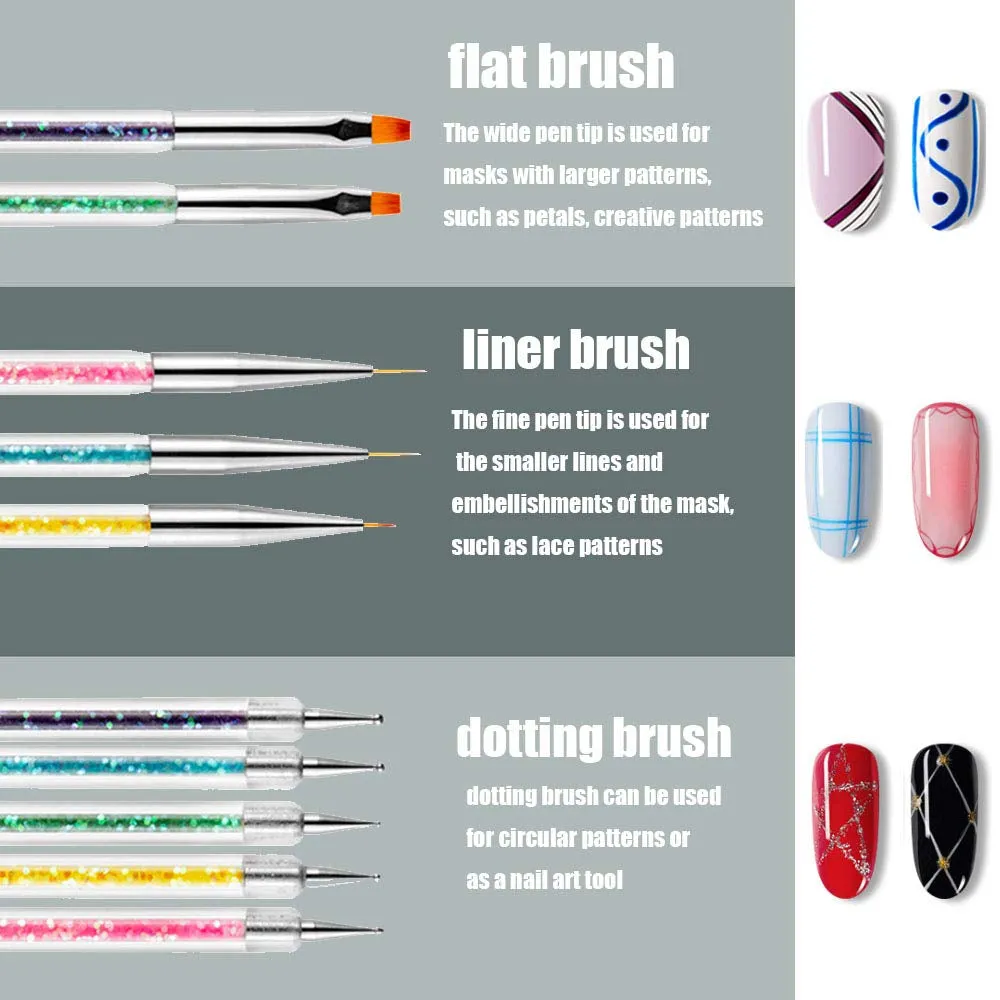 Nail Art Brush Set - 5 Dual-End Tools with Dotting Pens for Creative Nail Designs