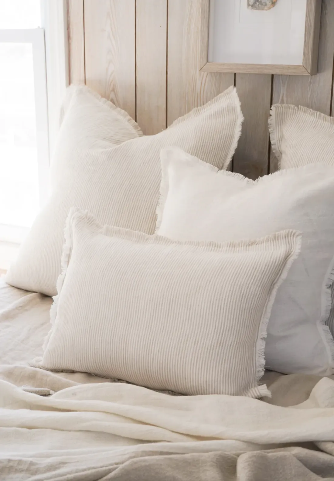 Natural Beige & White Striped Linen Pillows