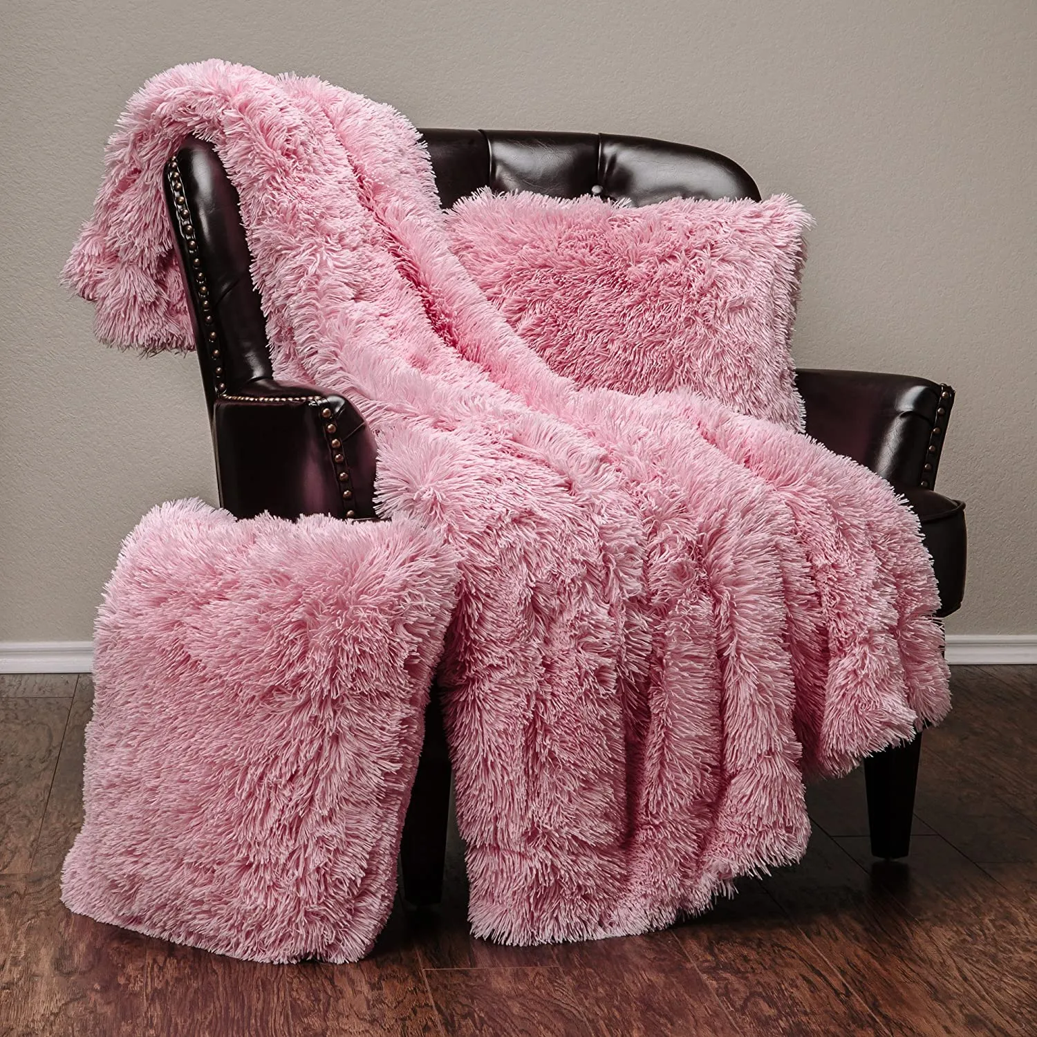 Pink Fur Throw and Pillow Set