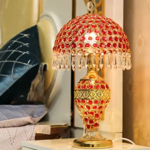 Retro Red Crystal Night Lamp with Gold Dome Lampshade: Table Light with Droplet